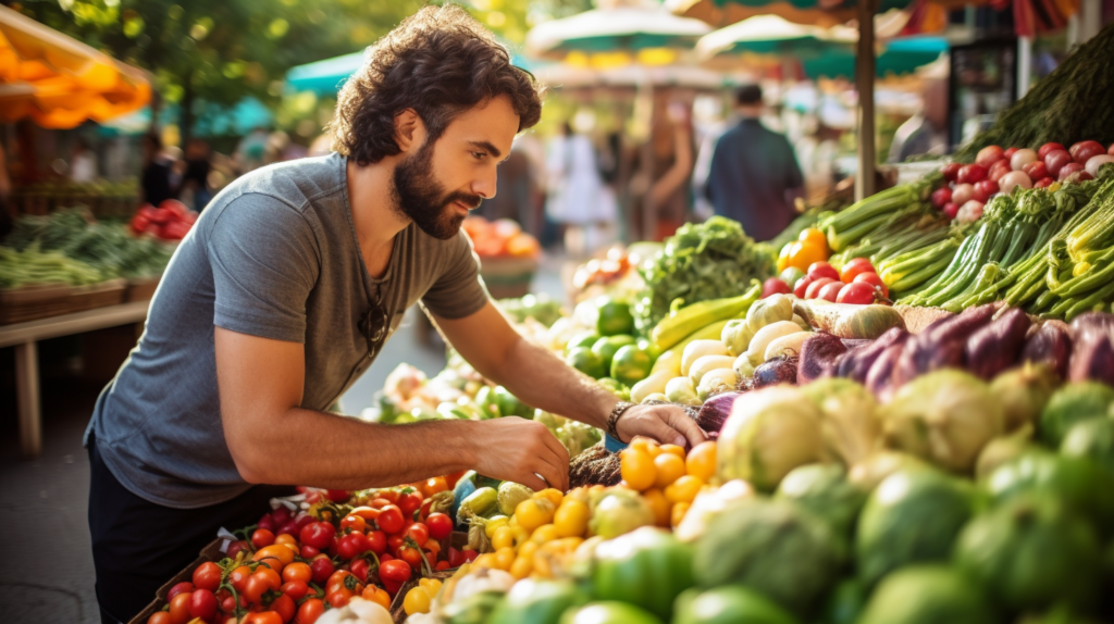 A health-conscious individual selecting fresh fruits and vegetables at a vibrant farmers market in the heart of the city
