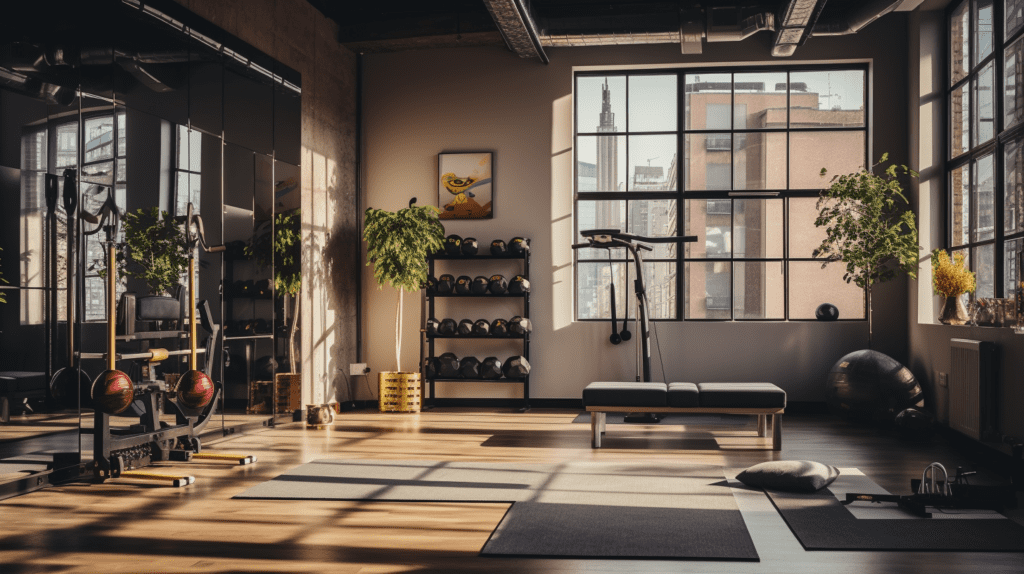 A modern and stylish home gym in a spacious loft apartment, filled with natural light from windows, showcasing state-of-the-art exercise equipment