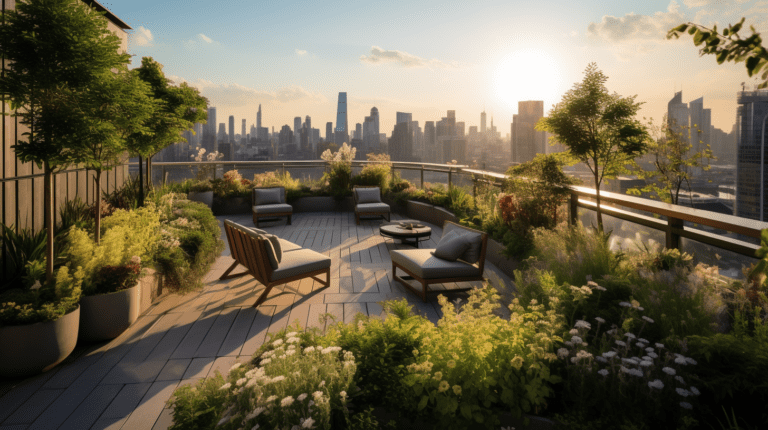 A rooftop garden oasis amidst the concrete jungle, overlooking the city skyline