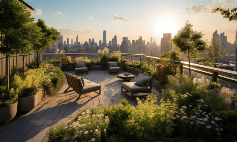 A rooftop garden oasis amidst the concrete jungle, overlooking the city skyline