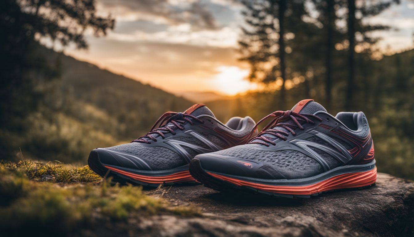 A photo of running shoes on a scenic trail in nature.