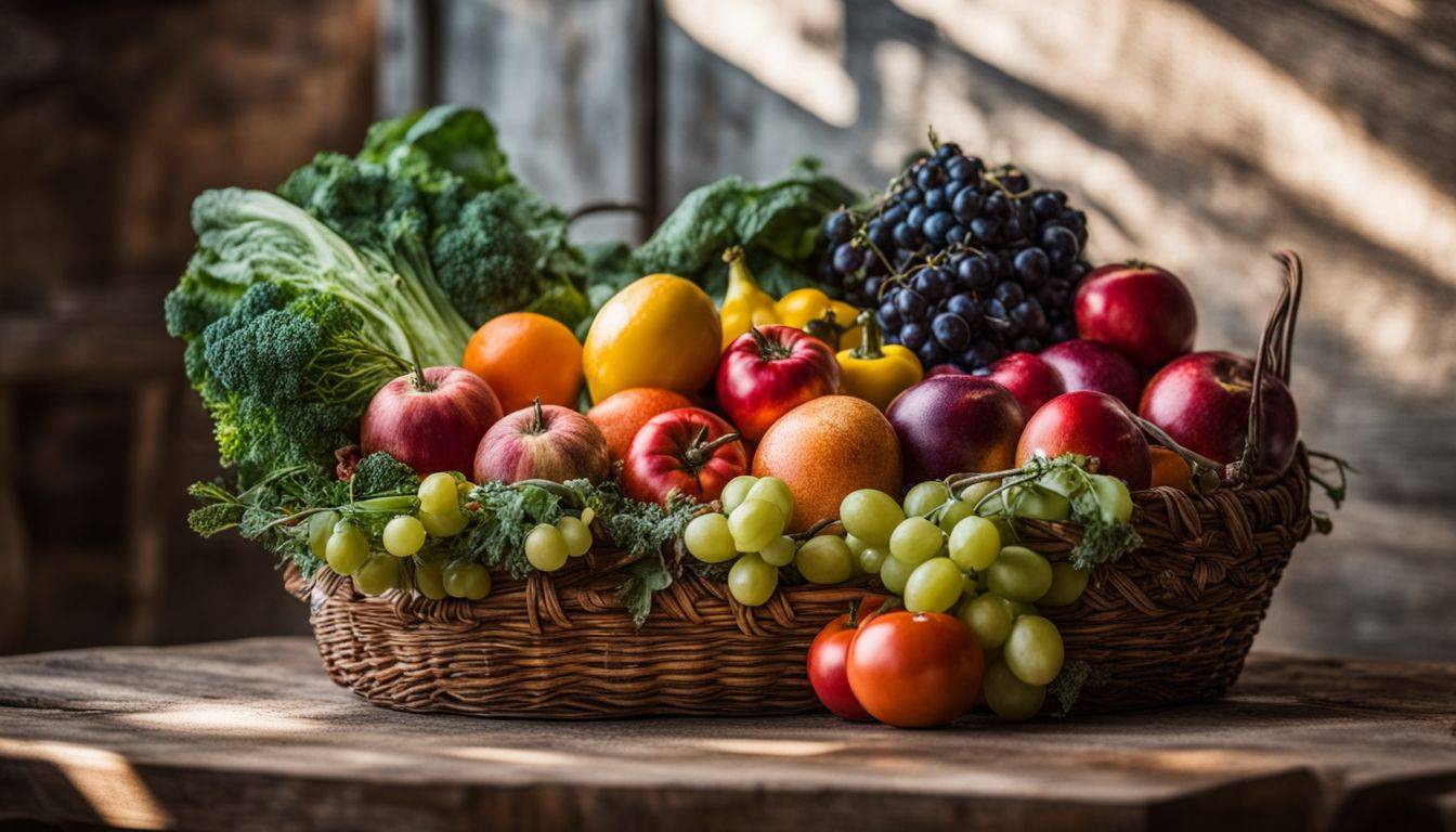 A rustic basket filled with freshly harvested fruits and vegetables.