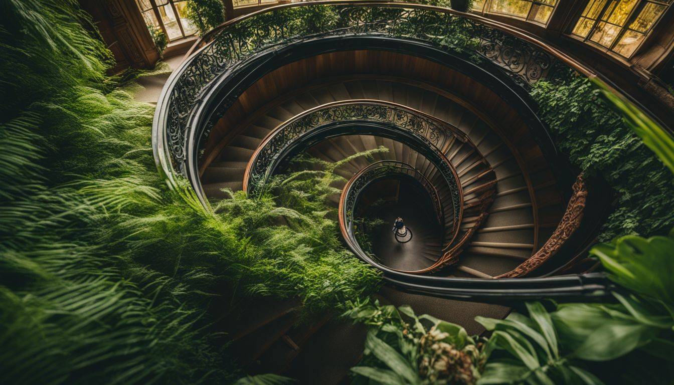 A spiral staircase in lush green surroundings, captured with precision.