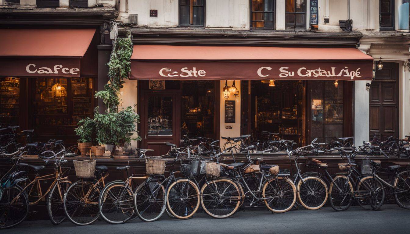 Bicycles parked outside a cafe on a bustling city street.