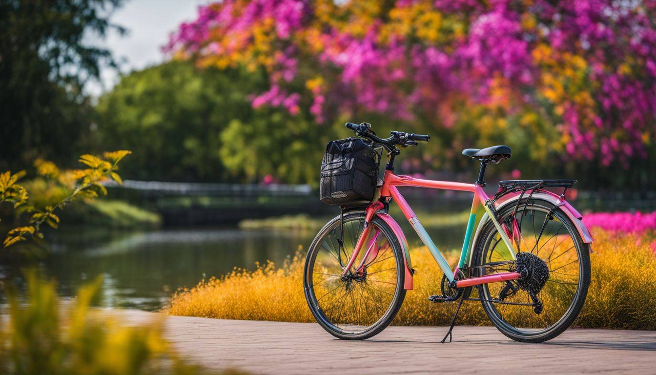Colorful bicycle parked in scenic park with bustling atmosphere, no humans.