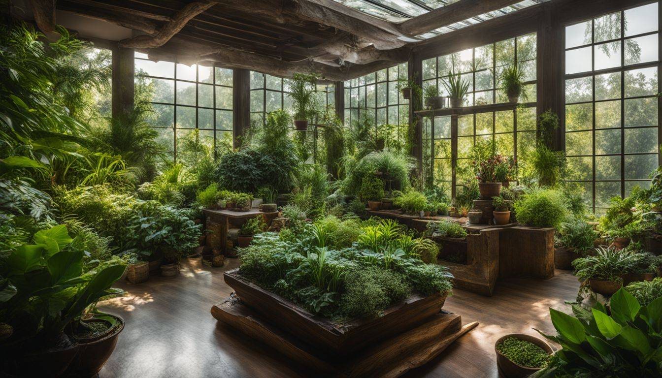 Indoor garden with diverse plants and no people captured in photo.
