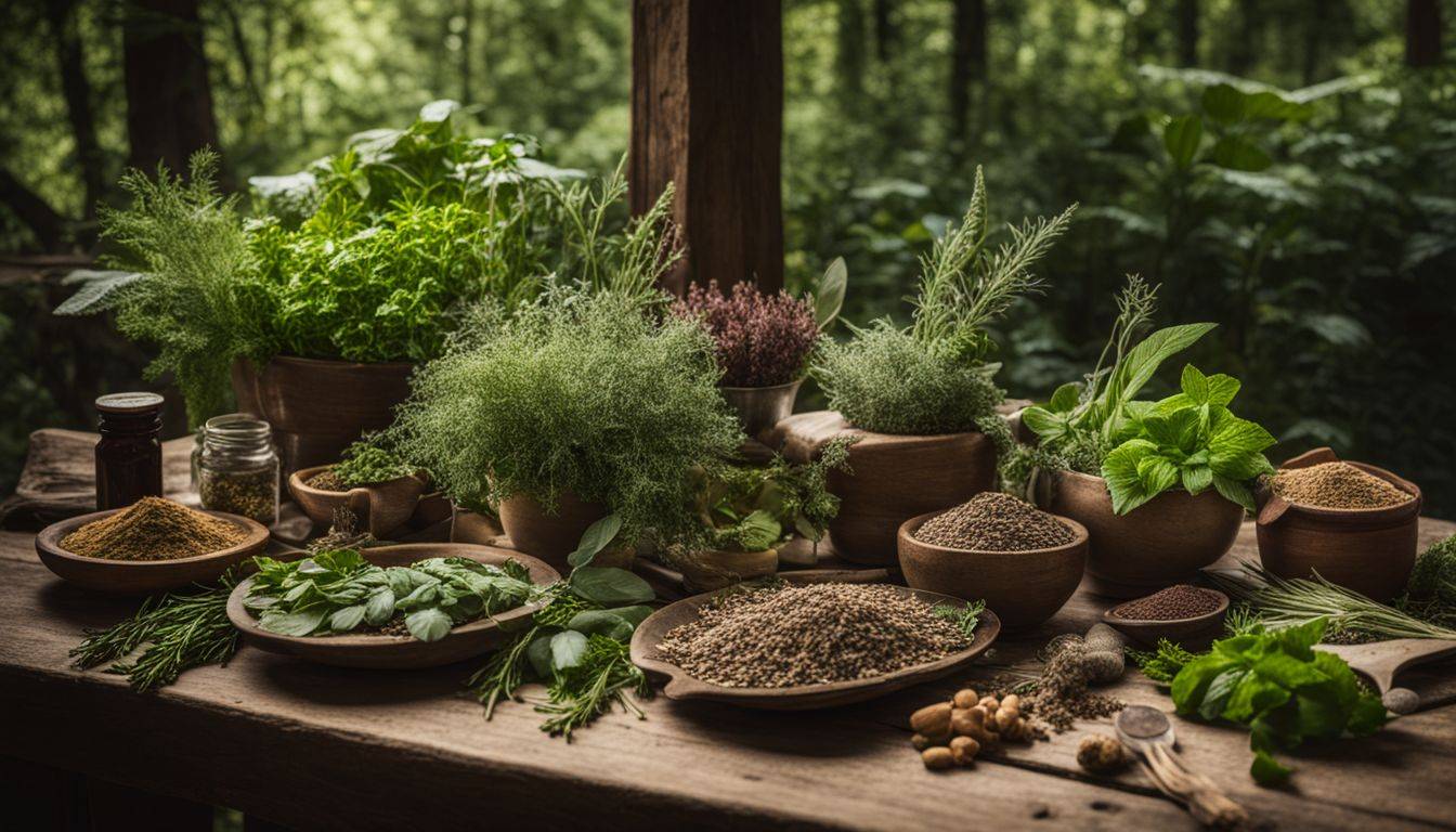 A collection of natural herbs displayed on a rustic wooden table in a lush greenery setting.