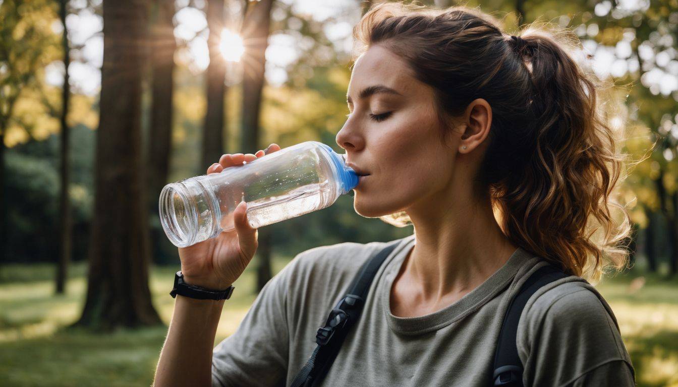 A person drinking water from a reusable bottle in a tranquil park with bustling atmosphere.