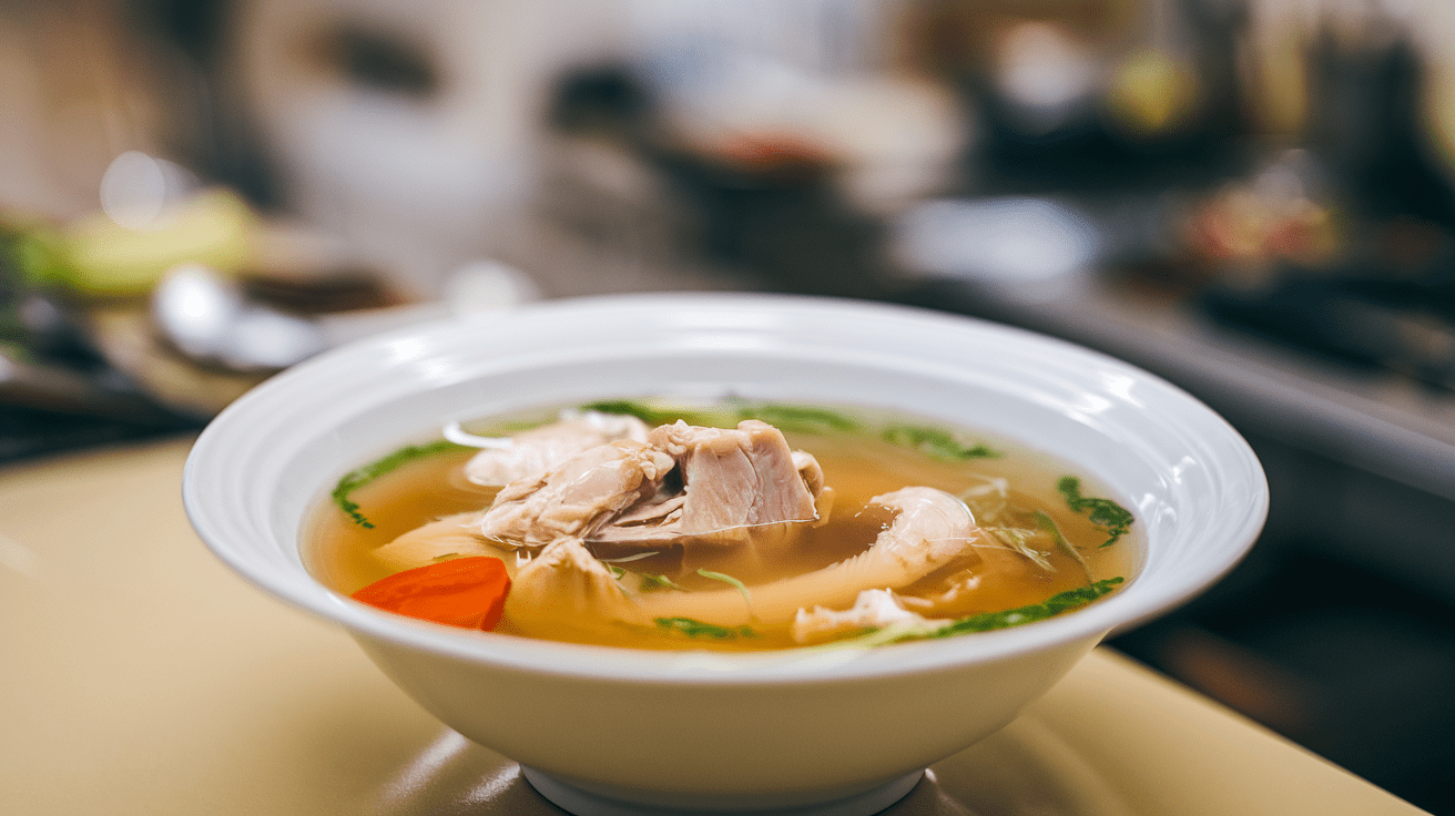 a bowl of chicken broth soup: bland diet