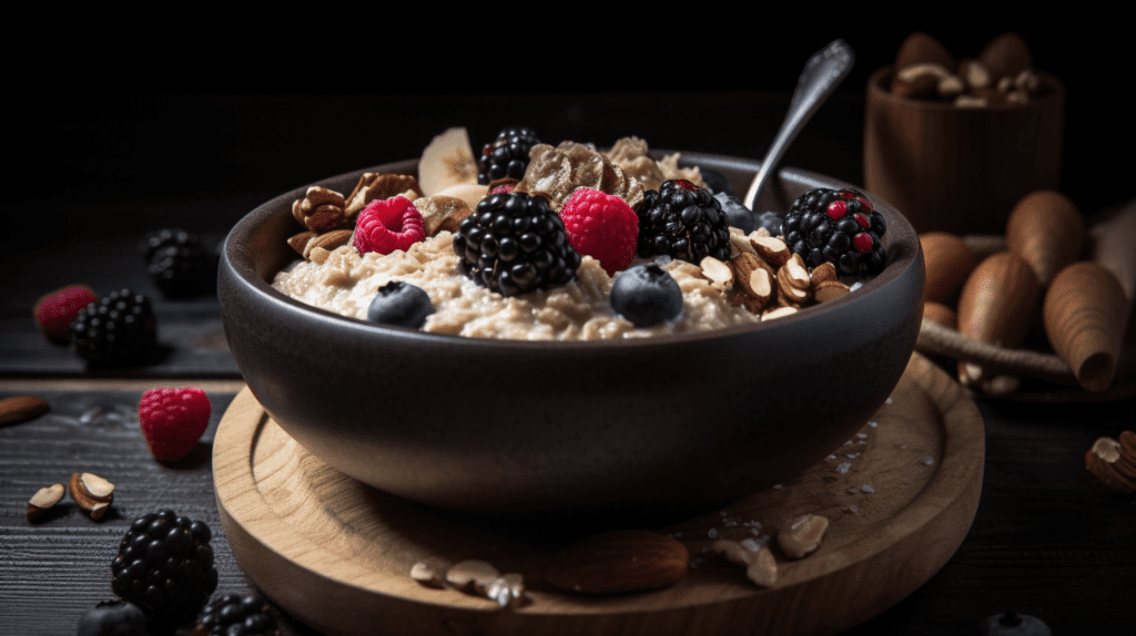 A bowl of Oats with fruit and nuts on a wooden board