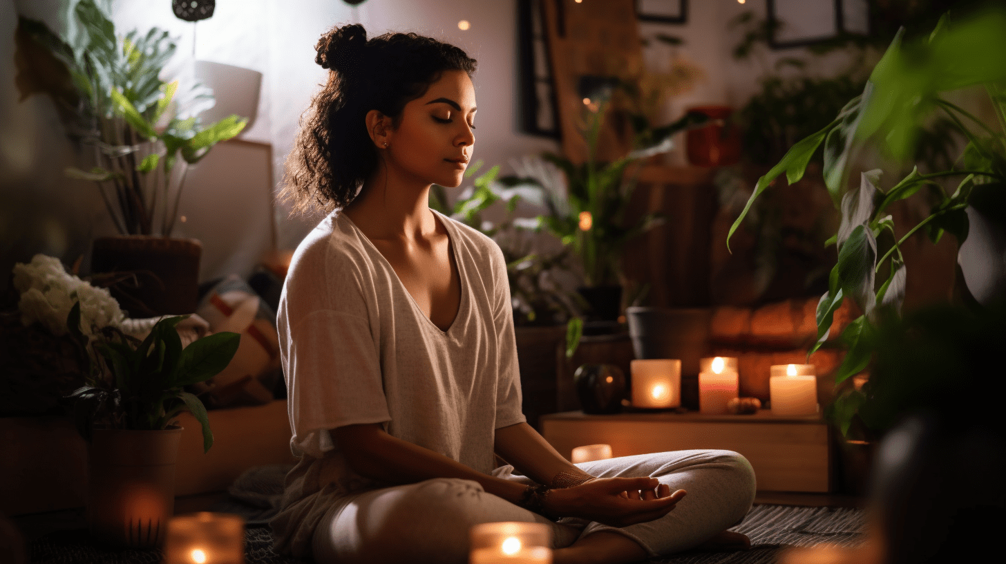 A cozy and intimate indoor space for a body scan meditation, with a person sitting on a comfortable cushion in a softly lit room, adorned with calming decor and natural elements like plants and candles, providing a sense of warmth and peacefulness