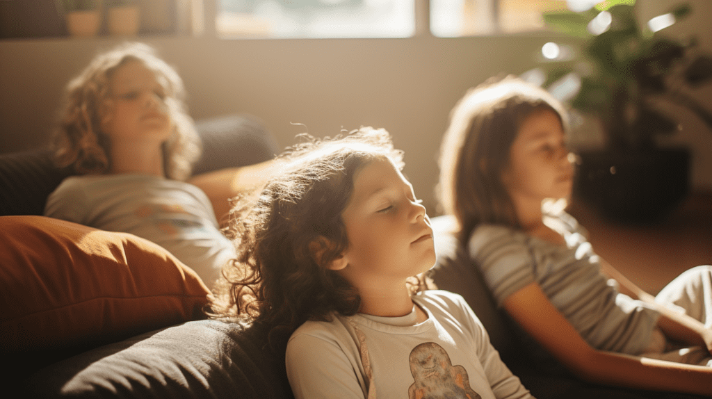A heart warming image of kids engaging in a body scan meditation exercise inside a cozy and inviting living room, sitting on comfortable cushions with their eyes closed, sunlight streaming through the window, casting gentle rays on their peaceful faces, creating a warm and calming environment