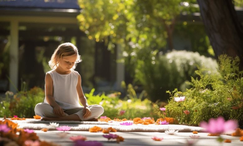 A peaceful garden setting for "Meditation For Kids", with a young child sitting cross-legged on a colorful mat, surrounded by blooming flowers, gentle breeze rustling the leaves, soft sunlight filtering through the trees,