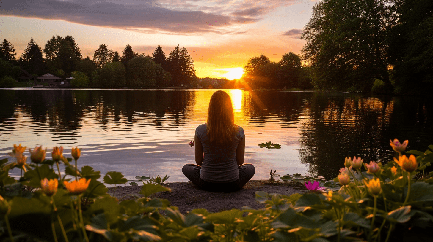 A picturesque outdoor scene for a 10-Minute Meditation, with a person sitting on a grassy hill overlooking a serene lake, surrounded by colorful blooming flowers and tall trees, the sun setting in the distance casting a warm golden glow, capturing the sense of connection with nature