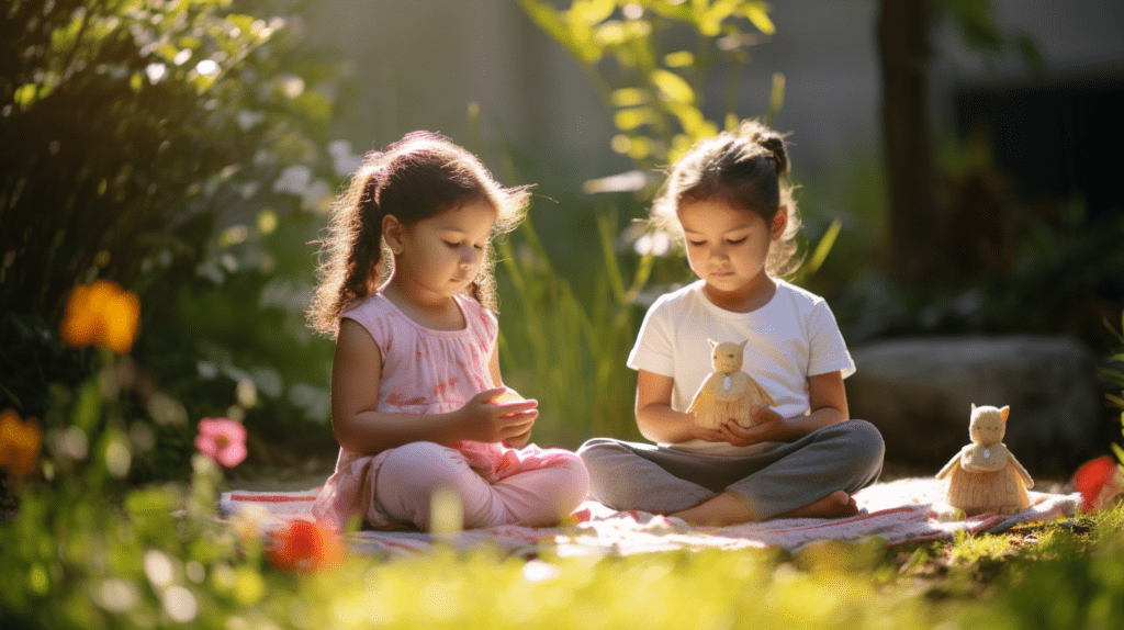 A playful and whimsical scene of kids practicing meditation in a serene garden, surrounded by colorful flowers and lush greenery, with gentle sunlight filtering through the leaves. The kids are sitting cross-legged with their eyes closed, wearing comfortable clothes, and holding small plush toys as they focus on their breath. The atmosphere is filled with a sense of calm and tranquillity, as the kids embrace the joy of mindfulness