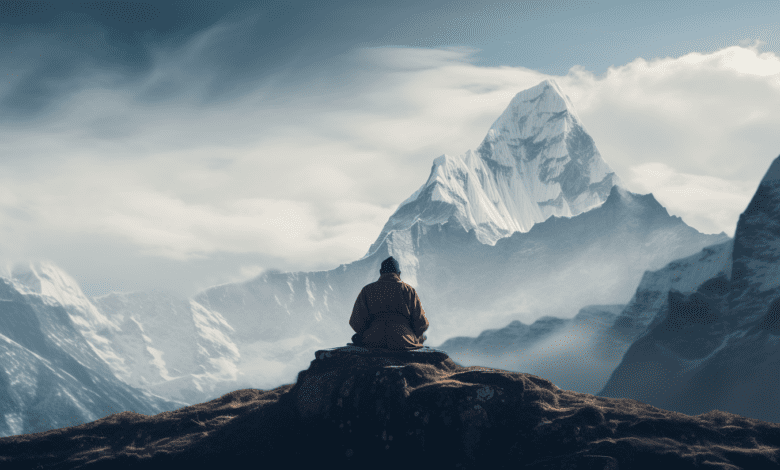 A secluded mountain peak with a lone meditator sitting cross-legged on a rocky outcrop, surrounded by misty clouds, snow-capped peaks in the distance, capturing the serenity and solitude of meditation in a majestic natural setting,