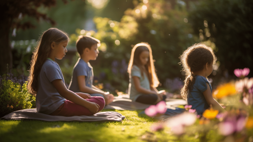 A serene and peaceful outdoor setting for a children's meditation session, surrounded by colorful flowers and tall trees, with soft sunlight filtering through the leaves. The children are sitting in a circle, eyes closed, practicing deep breathing and mindfulness