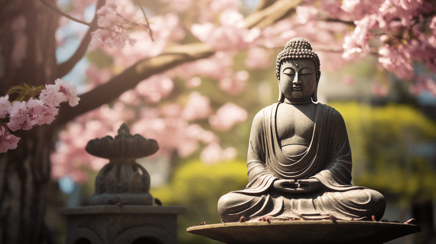 A serene meditation garden with a peaceful Buddha statue surrounded by blooming cherry blossom trees, soft sunlight filtering through the leaves, creating a gentle play of light and shadow, capturing the tranquility and spirituality of the practice