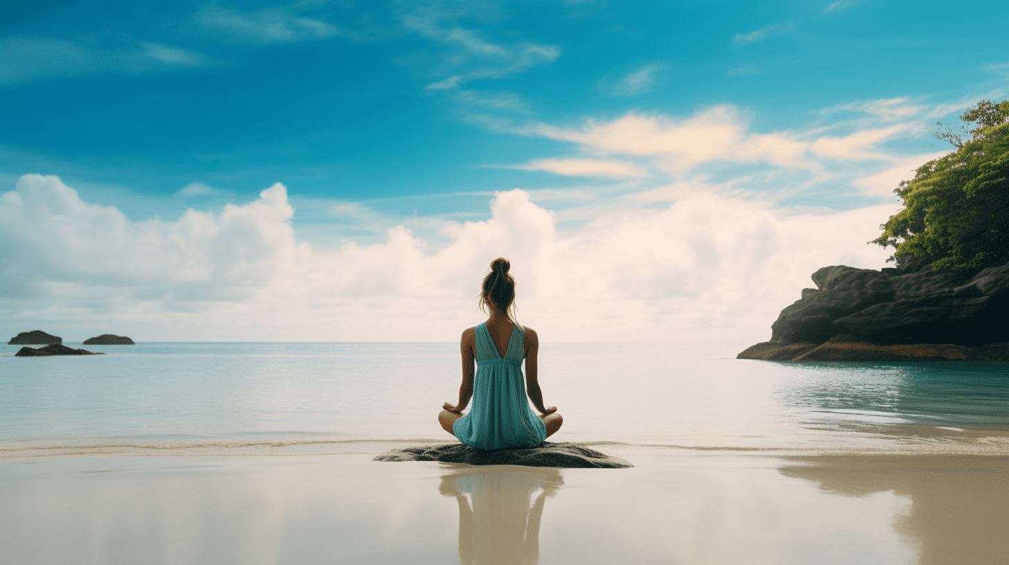 A tranquil meditation scene on a secluded beach, with golden sand stretching out in all directions and crystal clear turquoise water gently lapping at the shore. The meditator sits on a small wooden platform, their legs crossed and their hands resting on their knees, completely immersed in the present moment. The sound of the waves, combined with the salty breeze and the warm sun on their skin, creates a serene and peaceful atmosphere