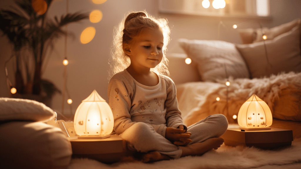 "Meditation For Kids" set in a cozy living room, with a child sitting on a plush cushion, surrounded by soft blankets, a gentle fire crackling in the fireplace, warm golden light illuminating the room, creating a cozy and comforting space for meditation and relaxation