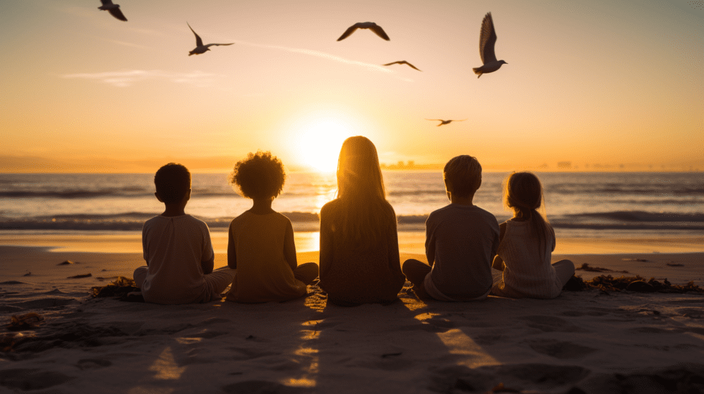  "Meditation For Kids" taking place on a tranquil beach, with a group of children sitting in a circle on the sand, waves gently crashing against the shore, seagulls flying overhead, the sound of the ocean providing a soothing background noise