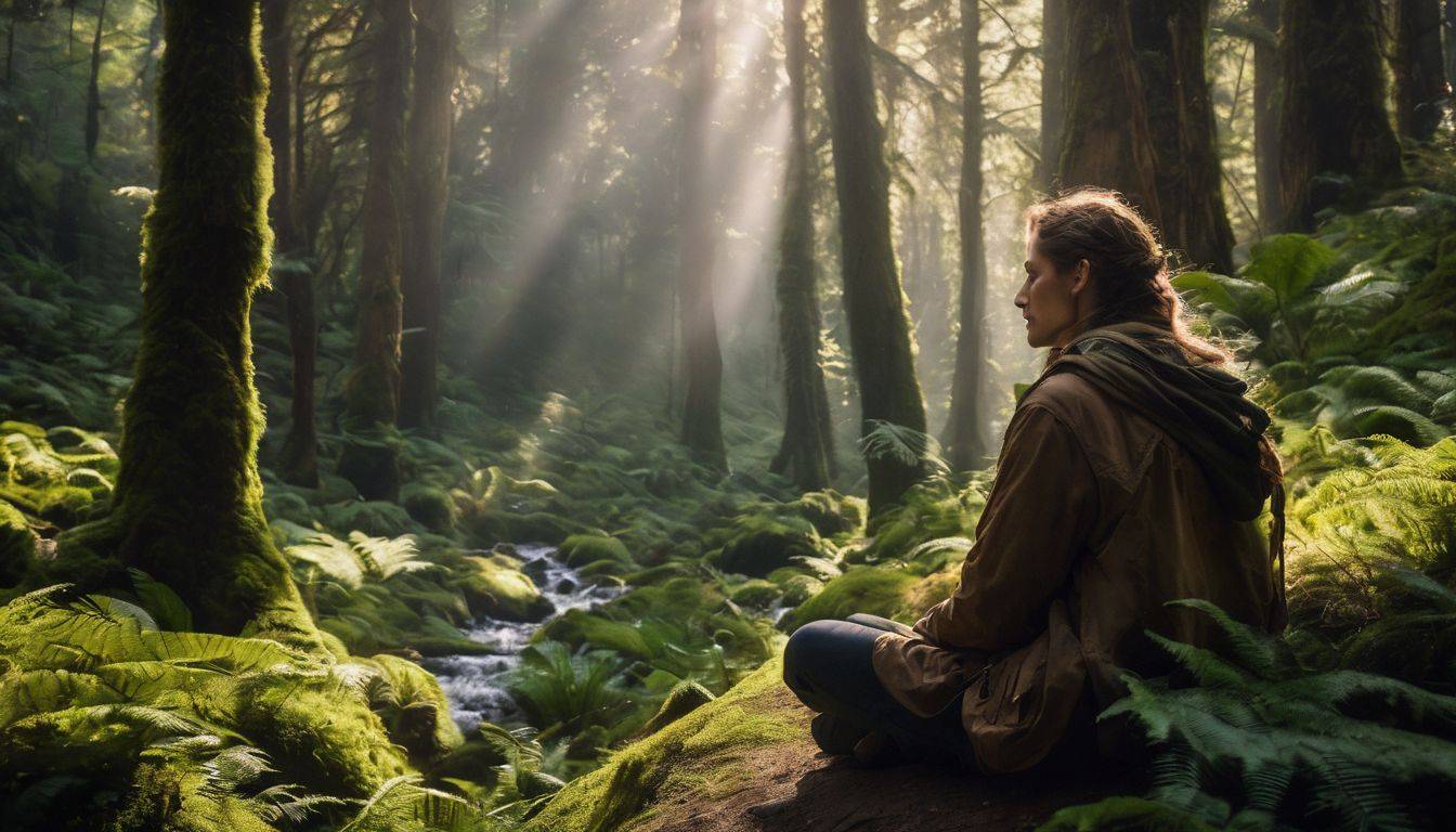 A Caucasian person sitting peacefully in a lush forest, surrounded by nature, with different faces, hair styles, and outfits.