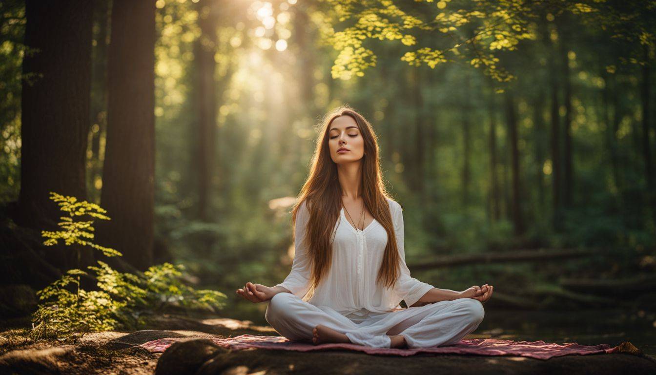 A Caucasian woman meditates peacefully in a forest surrounded by trees, with different faces, hair styles, and outfits.