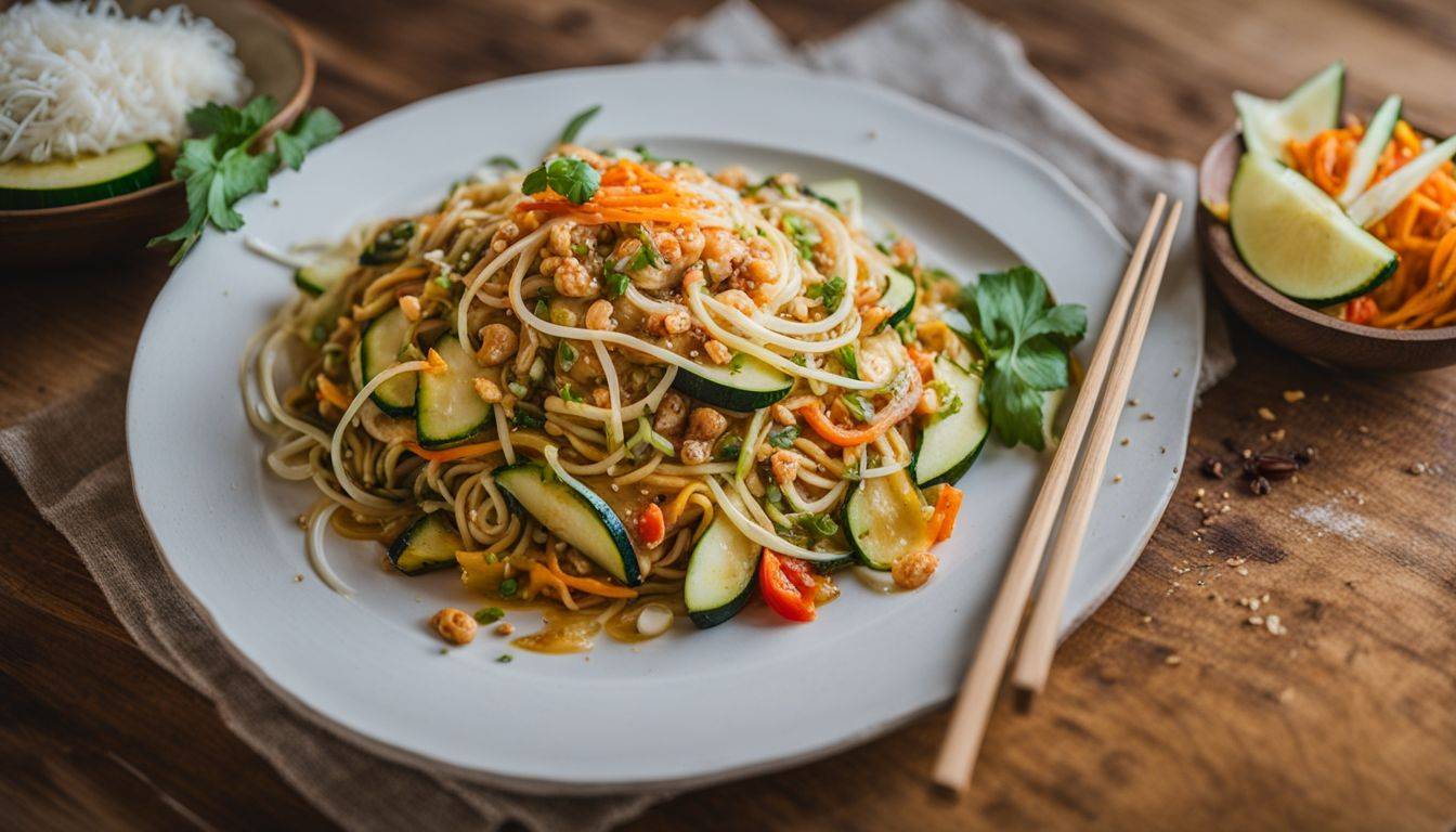 A colorful plate of zucchini Pad Thai on a rustic wooden table.