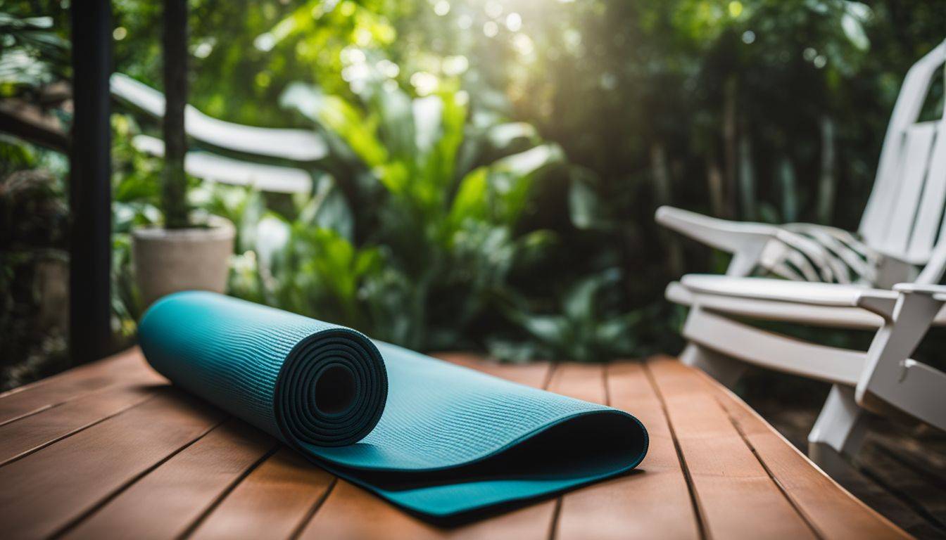 A peaceful yoga mat surrounded by greenery in a garden, with a variety of people practicing yoga.