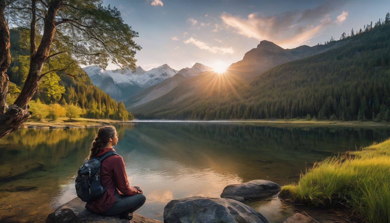 A person sitting in a peaceful natural environment surrounded by trees, wearing various outfits and hairstyles.