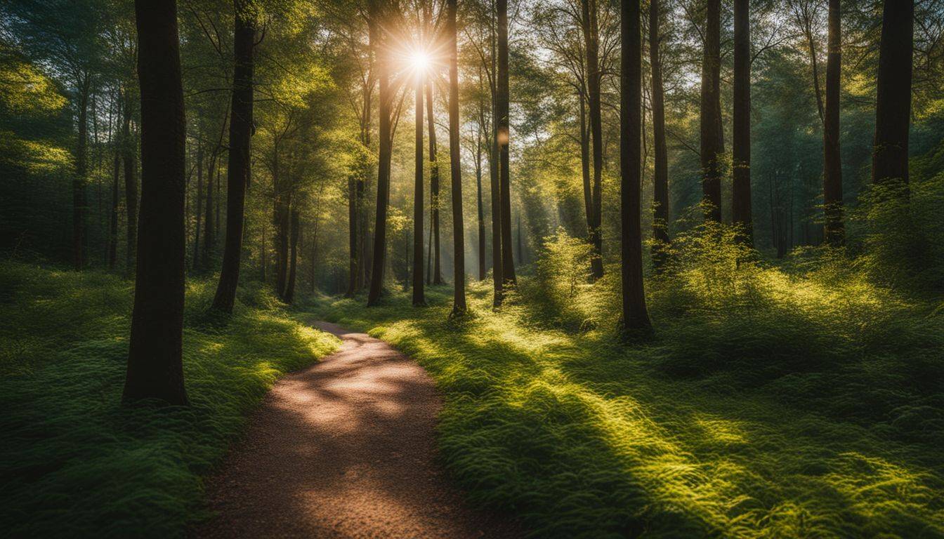 A photo of a forest path with people of various appearances and styles walking through it.