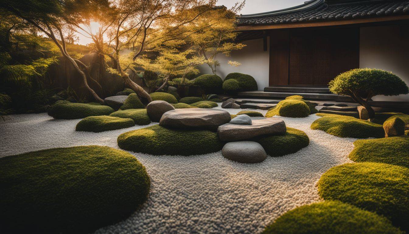 A photo of a Zen garden with stones arranged in a pattern, featuring diverse people with various hairstyles and outfits.