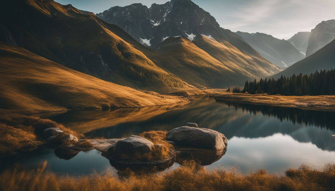 A picturesque mountain landscape with a calm lake, featuring diverse individuals and a variety of outfits.