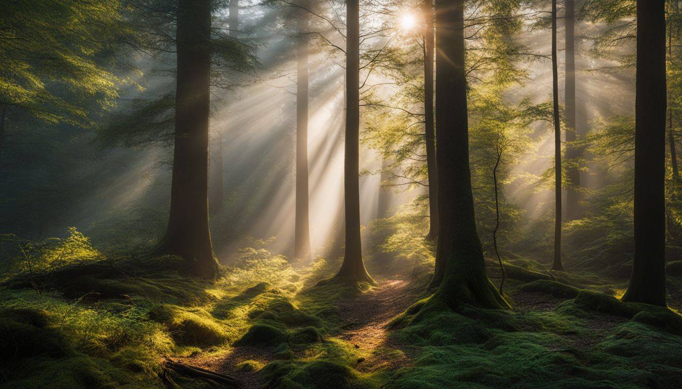 A serene forest with mist and sunlight streaming through the trees, featuring diverse people with different styles and outfits.