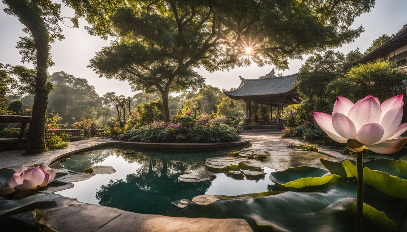 A serene garden with a blooming lotus, showcasing diverse individuals with different hairstyles and outfits.