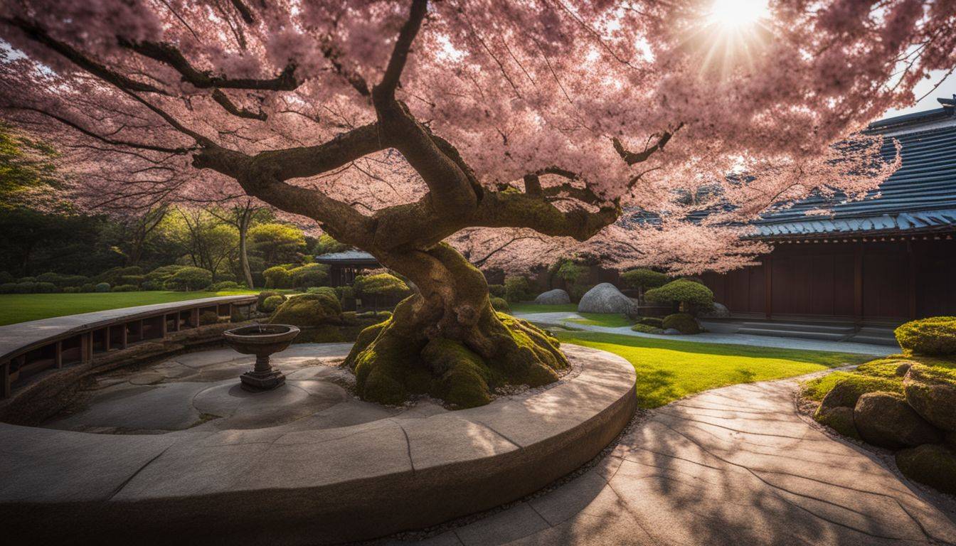 A serene Zen garden with a cherry blossom tree, featuring diverse people and outfits in a bustling atmosphere.