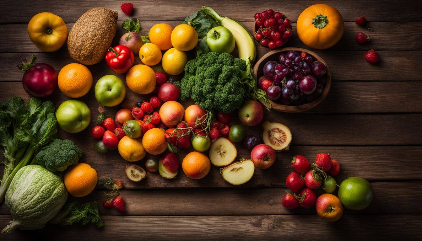 A vibrant assortment of fresh fruits and vegetables on a rustic wooden table.