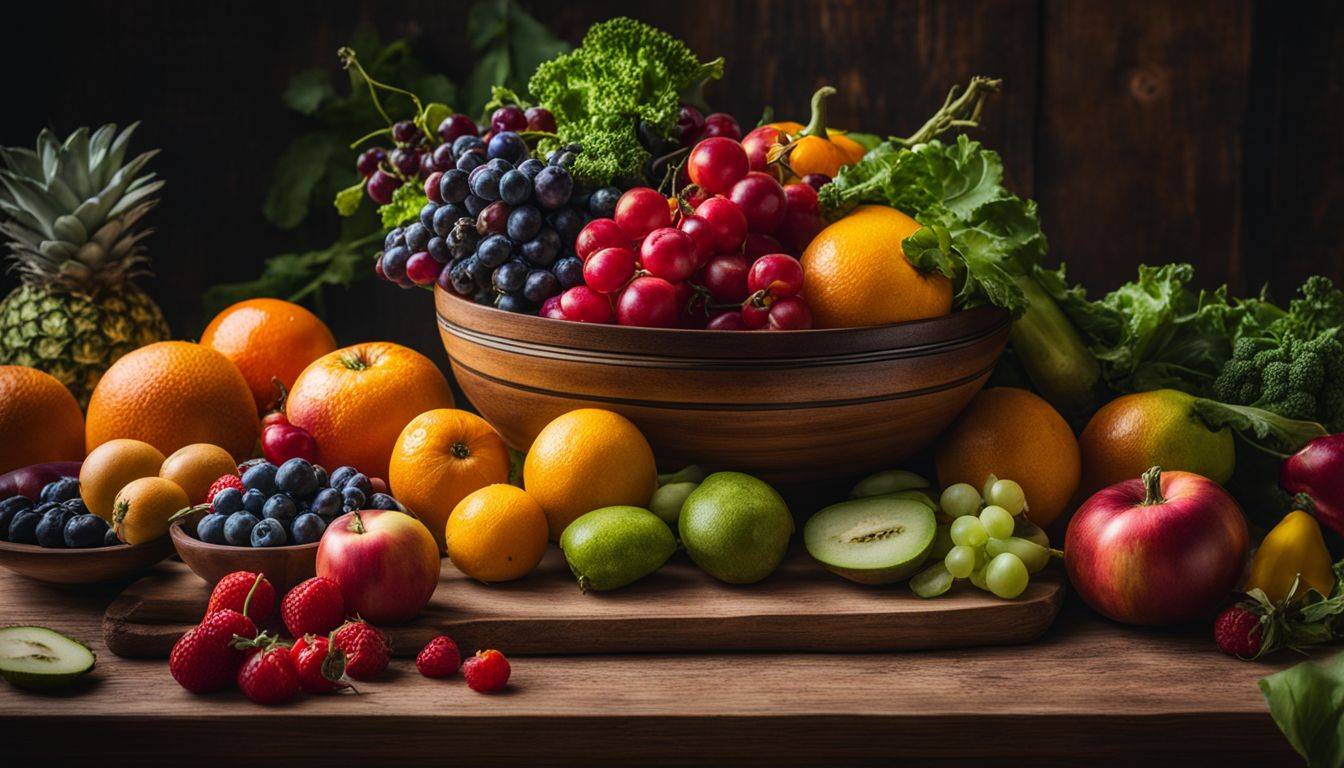 A vibrant bowl of colorful fruits and vegetables on a wooden table.