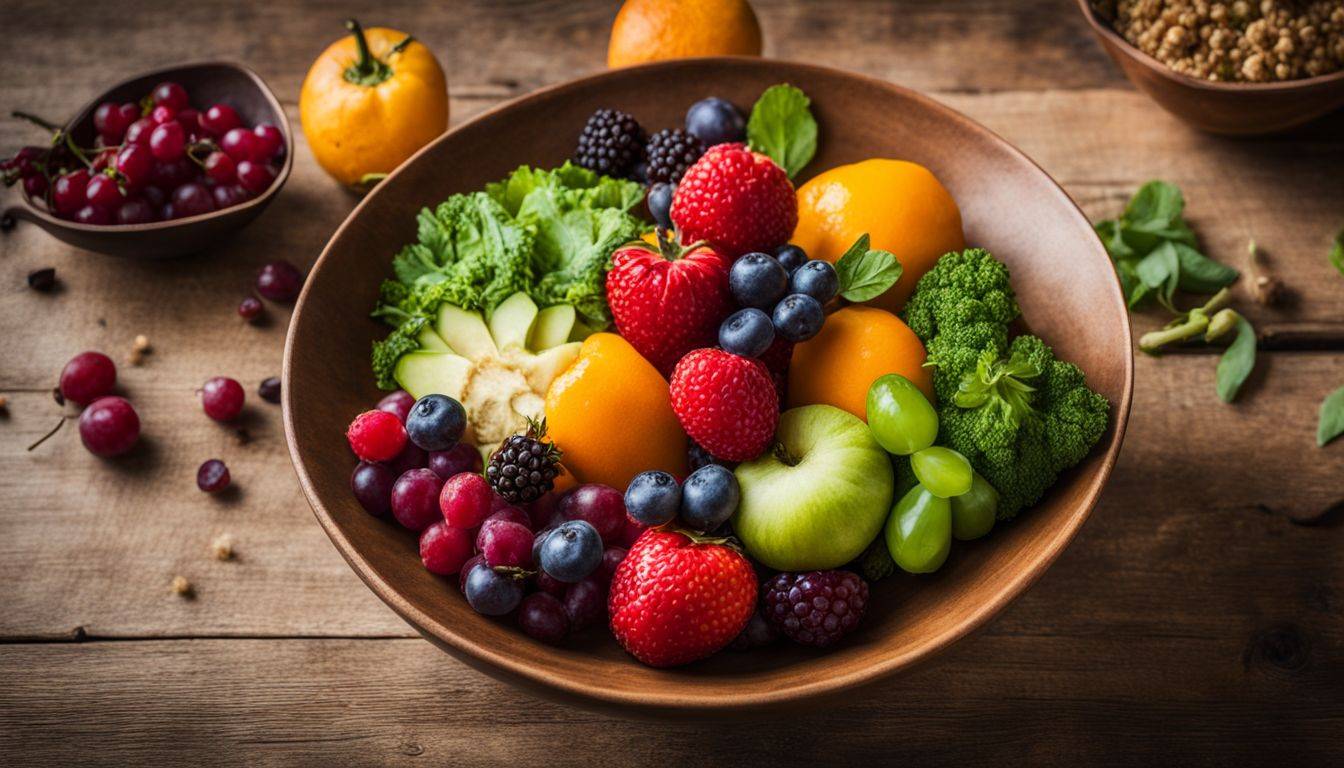 A vibrant bowl of fruits and vegetables on a rustic table.