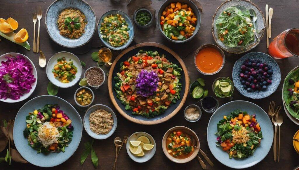 A vibrant table full of colorful plant-based meals in a bustling atmosphere.