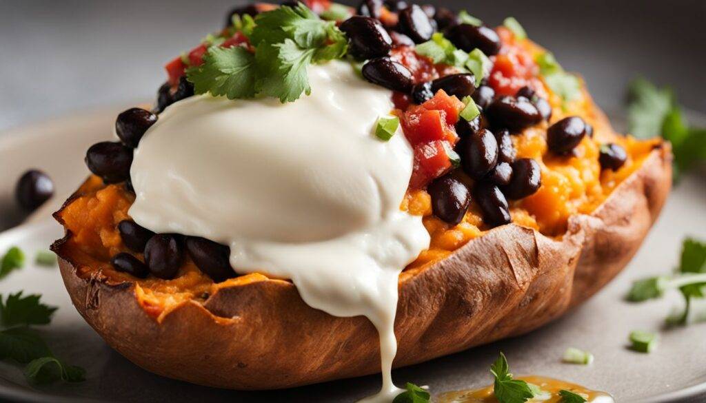Close-up of a great Vegan baked stuffed sweet potato with black beans and salsa. 
