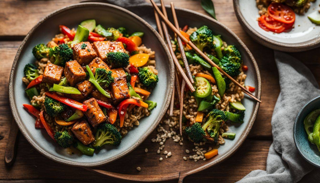 Colorful plate of Tempeh Vegetable Stir Fry on wooden table.