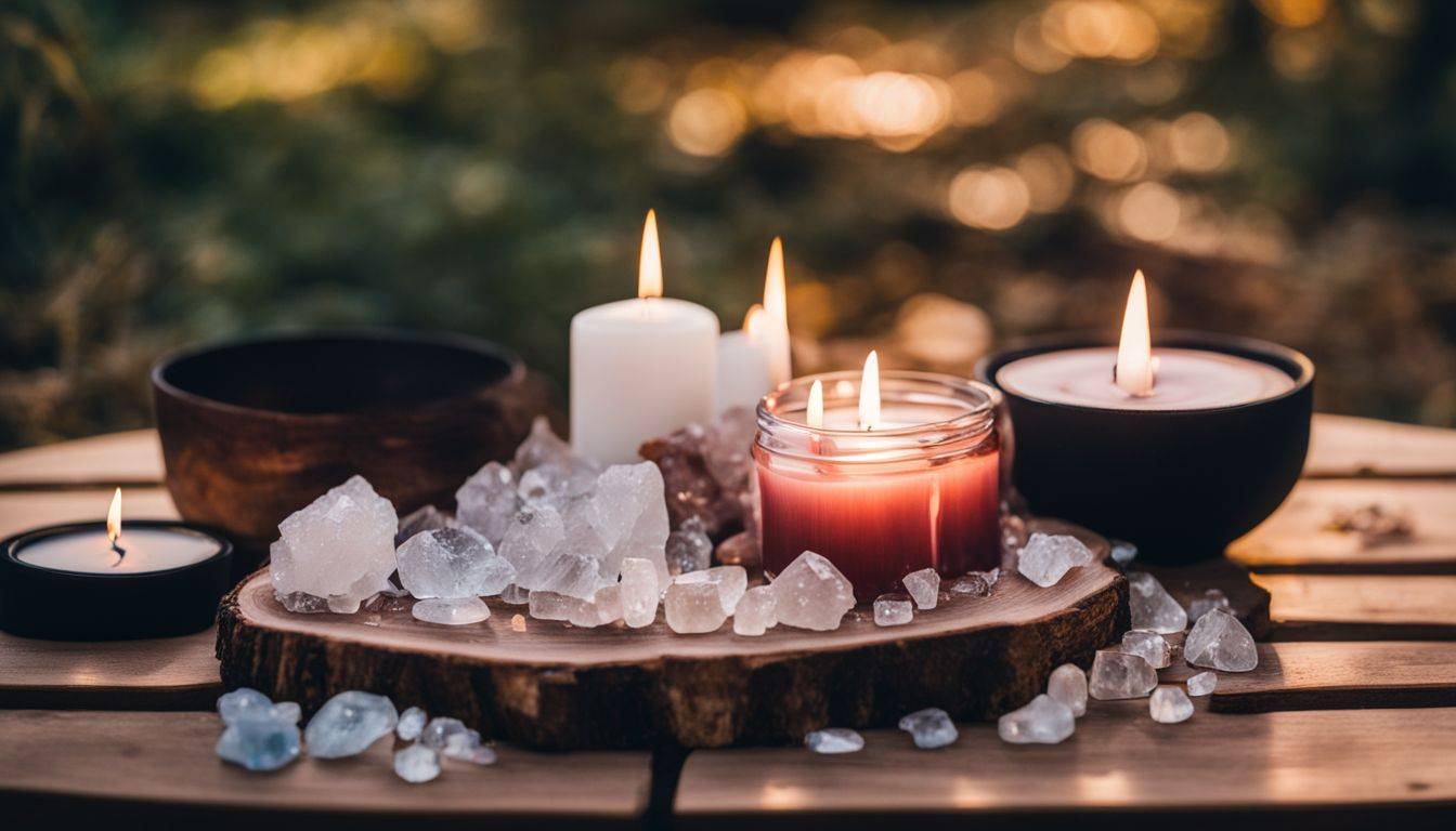 The image shows a variety of people meditating with crystals on a wooden bench surrounded by candles.