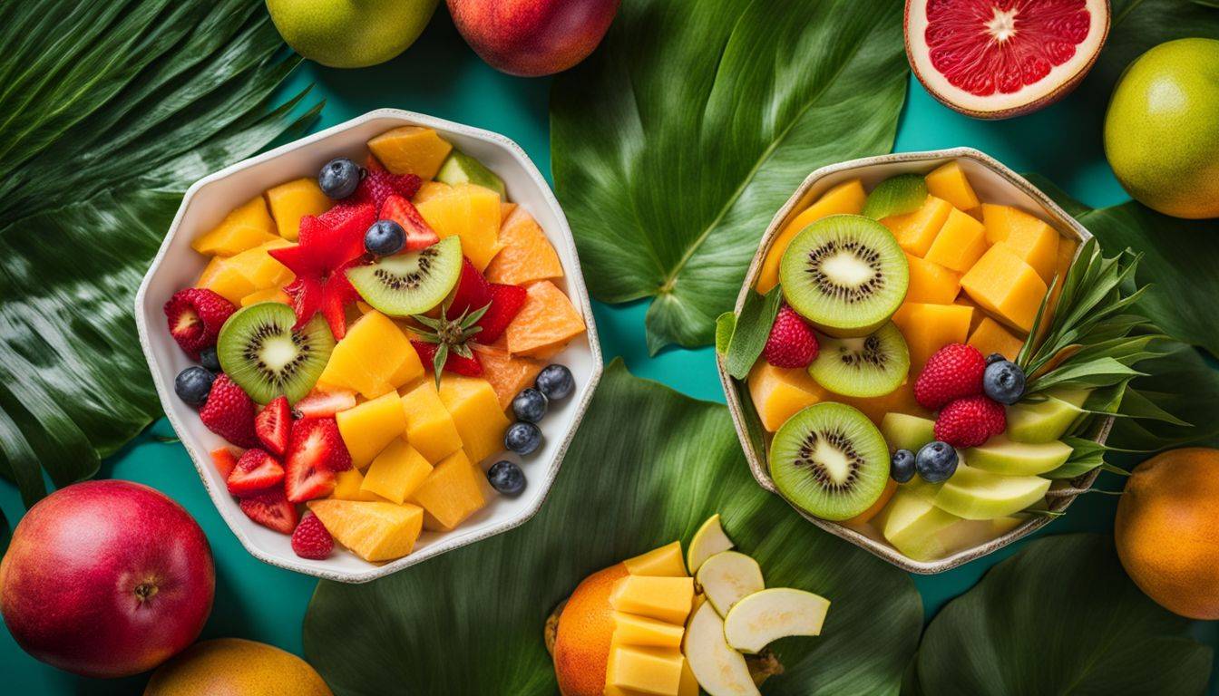 Vibrant bowl of sliced tropical fruits surrounded by fresh green leaves.