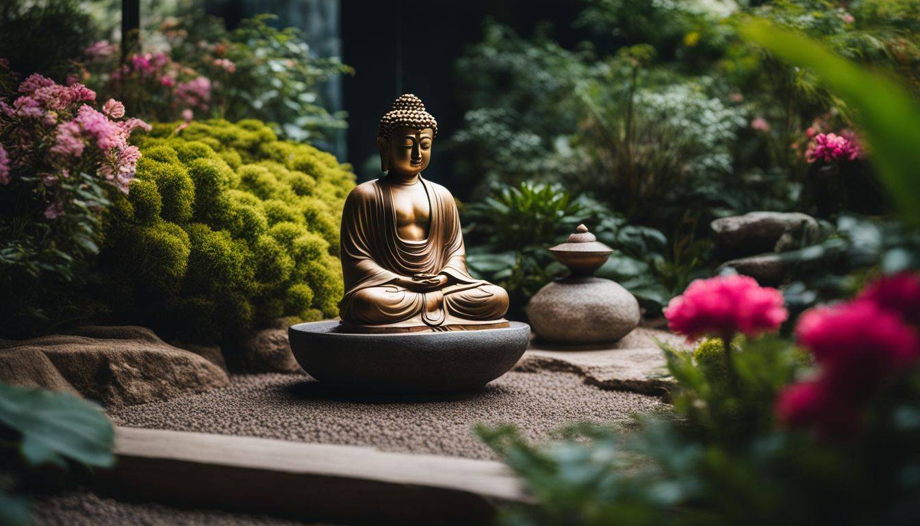 The benefits of meditation with a Buddha in a beautifully manicured garden with shrubs, trees & flowers
