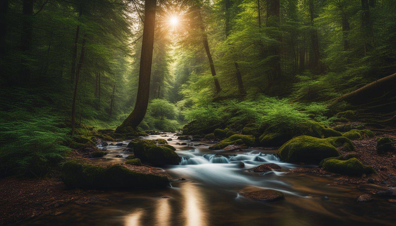 visualization exercises, the sun is just shining through the trees and shining on a fast flowing creek