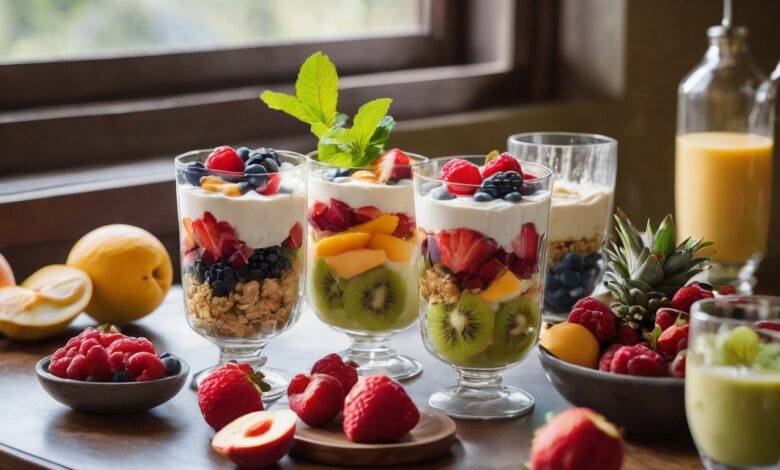 food platters filled with yogurt, fruit, and smoothies, in the style of multilayered, glassy translucence.