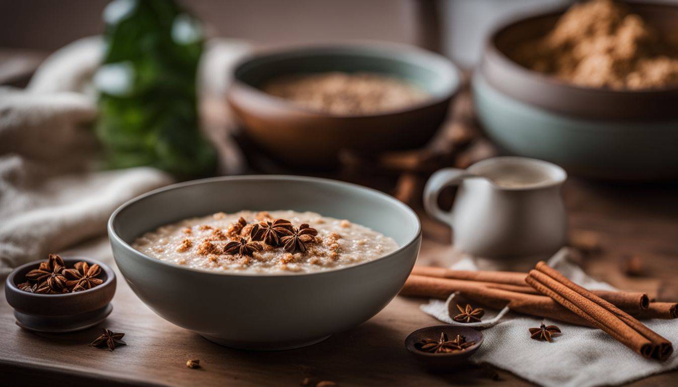 Cinnamon Oatmeal with Cloves & Cardamom on a wooden table with scattered spices
