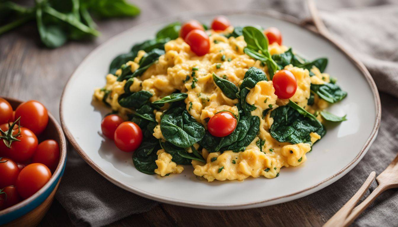 Scrambled Eggs with Spinach and Tomatoes on a white plate with gold trim