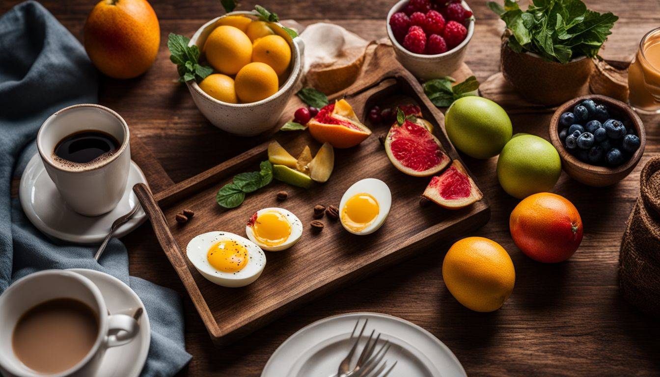 Bland Diet Breakfast, tray with boiled eggs halved, with variety of fresh fruit and coffee 